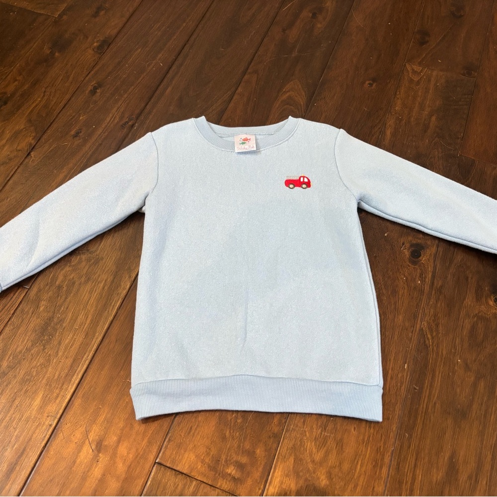 Light Blue Kids Sweater with Red firetruck Embroidery
